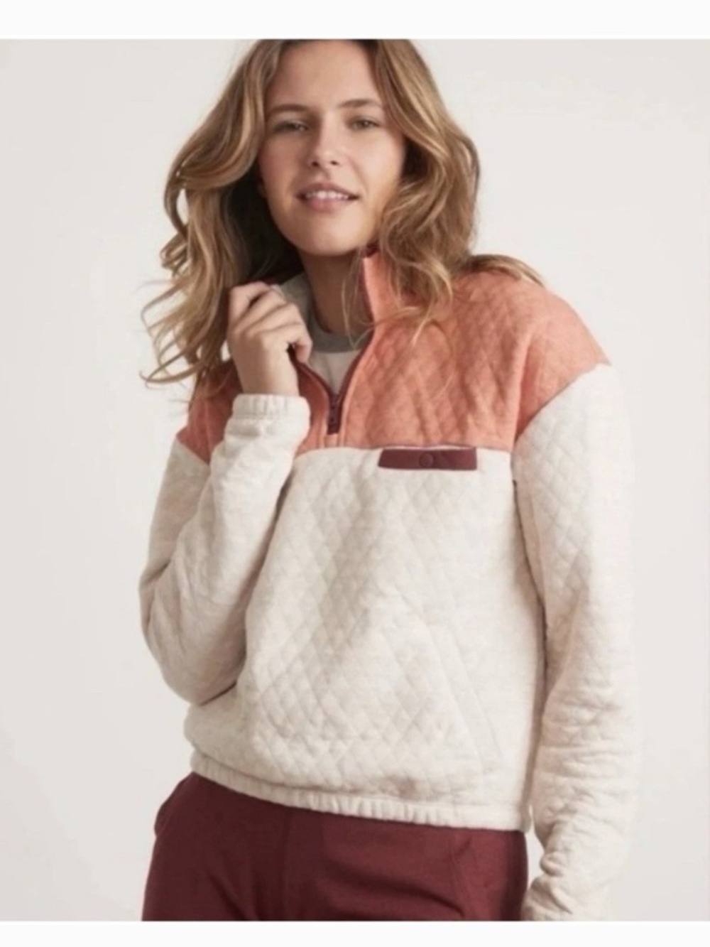 Marine Layer Corbet Pullover‎ Colorblock Quilted 1/4 Zip Peach Small